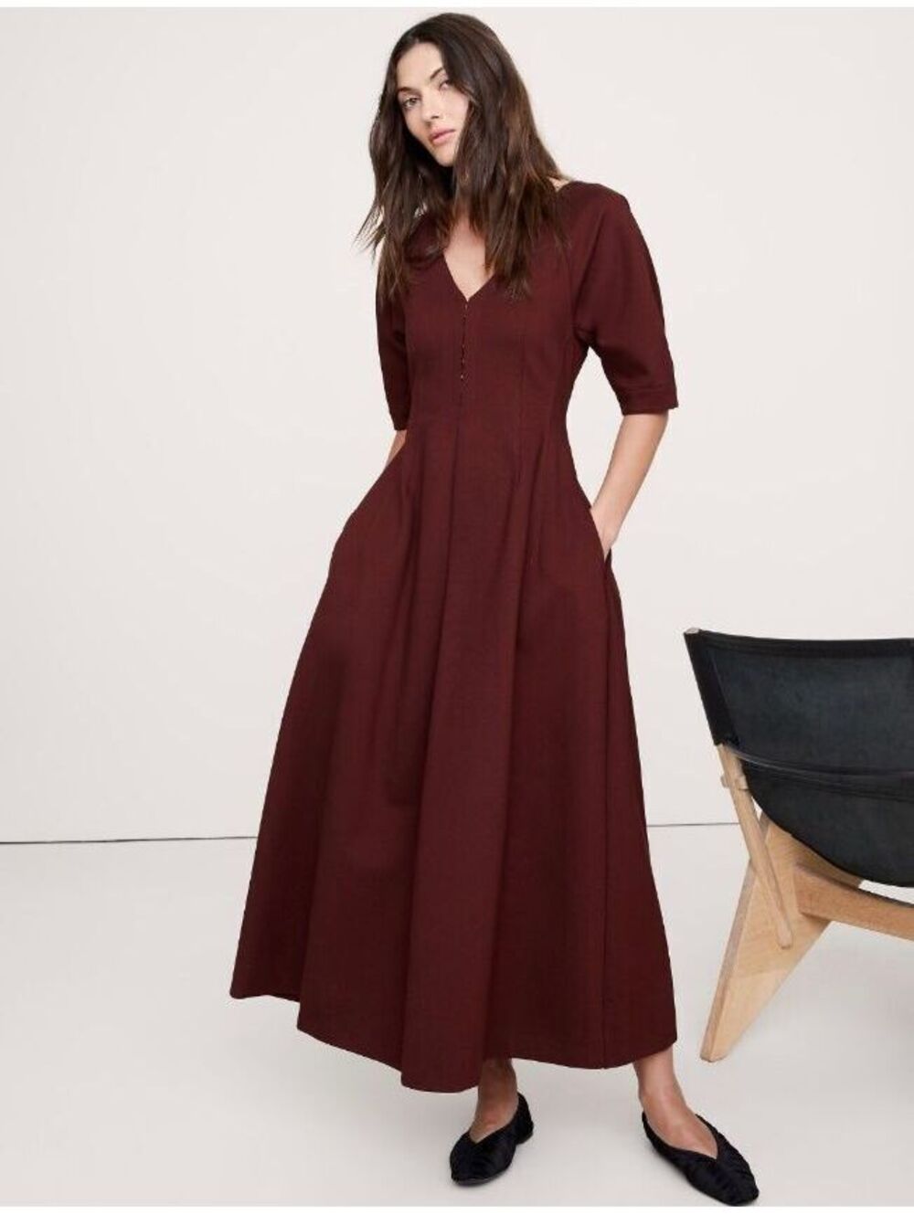 Banana Republic Ponte Puff-Sleeve Maxi Dress Redwood Canopy Burgundy red party 4